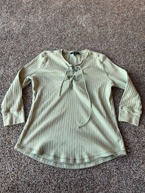 Lauren Ralph Lauren Ribbed Lace Up Top Sage Green Long Sleeve Size Small